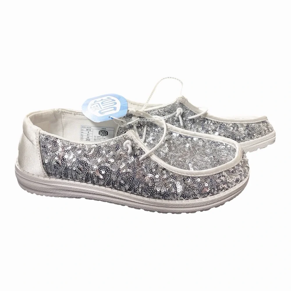 Hey Dude Wendy Sequin Women Size 10 Cream Silver Sparkle Slip On NEW With Tags